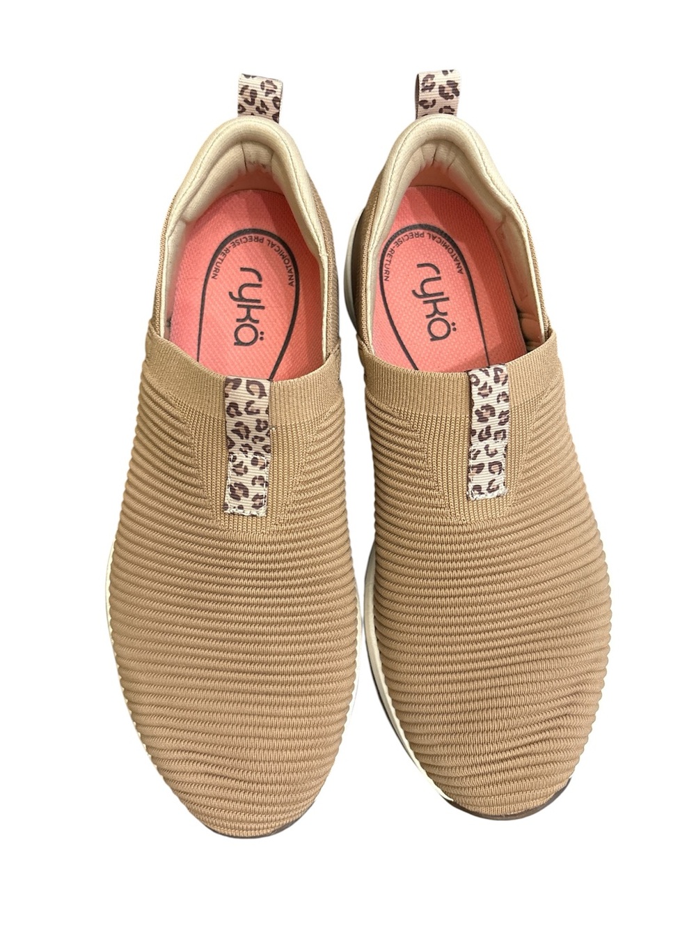 Ryka Women's Tan Slip-On Knit Sneakers with Leopard Accent,Size 9,Used Twice